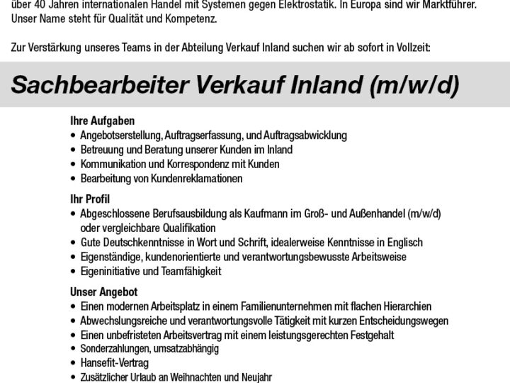 Sachbearbeiter Verkauf Inland (m/w/d)